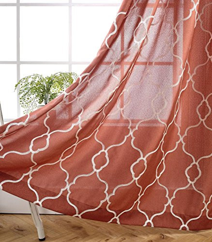 MIUCO Marokkanische bestickte halbdurchsichtige Vorhänge aus Kunstleinen, extra breite Ösen, Fensterpaneel für Schlafzimmer, 132 x 244 cm, Rost