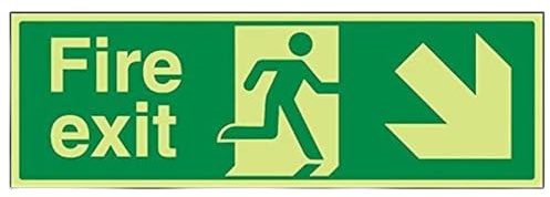 V Safety Glow In The Dark Fire Exit Arrow Down Right Sign - 450mm x 150mm - Rigid Plastic