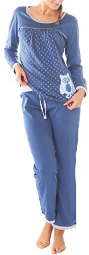 Damen Pyjama Schlafanzug Baumwolle Langarm SUN7 blau in 2 verschiedenen Druckvarianten.
