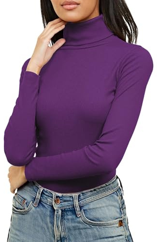 Re Tech UK Ladies Plain Ribbed Cotton Polo Turtle Roll Neck Tunic Top Jumper Full Sleeve, Purple, S/M 8-10