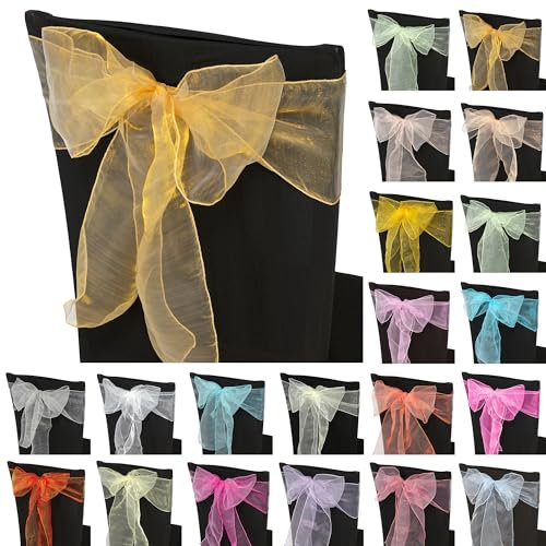 Trimming Shop Lot de 50 Ceintures en Organza doré, 17 x 280 cm, Plus Larges, Housses de Chaise, Ceintures à nœud pour Mariage, Anniversaire, réception, décoration de fête d'anniversaire