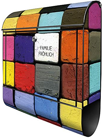 banjado® Design Briefkasten personalisiert Bunte Kreide 38,5x46,5x13cm & 2 Schlüssel - Briefkasten Stahl schwarz Zeitungsfach pulverbeschichtet - Postkasten A4 Einwurf inkl. Montagematerial
