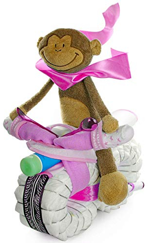 dubistda Windelmotorrad rosa Mädchen ROCKSTAR GIRL mit Fahrer inkl. Baby Kuscheltier / 45-teilig - Geschenk zur Geburt / 45 cm