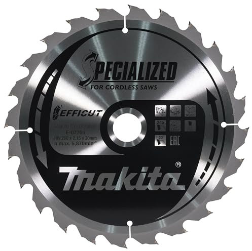 Makita E-07705 EFFICUT Kreissägeblatt Ø 260 x 2,15 x 30 mm, 24 Zähne, 23° Zahnwinkel, für saubere und schnelle Schnitte in Holz, für Akku-Handkreissägen