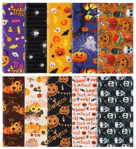 LUTER 10 Stück 25x25cm Halloween Baumwollstoff, Halloween Bedruckter Bündel aus Reinem Baumwoll Stoff für DIY Dekorationen Festival Zubehör Patchworks