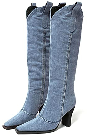 PAIDAXING Stivali da cowboy per le donne Denim Mid High Kitten Heel Boot Slip On ginocchio Punta quadrata Stivali alti Retro Moda Inverno Scarpe Autunno per le signore, Blu, 38.5 EU