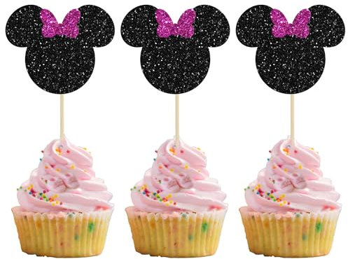 Gyufise 36 Pack Minnie Mouse Inspired Cupcake Toppers with Bow Purple Glitter Mini Mouse Cupcake Picks Decorations for Baby Shower Wedding Kids Birthday Party Supplies