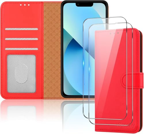 iCatchy for iPhone 13 Case 6.1-Inch Leather Wallet Case, Flip Protective Case Cover with Wallet Card Holder, Stand and Magnetic Closure Cover Compatible with iPhone 13 (Red)