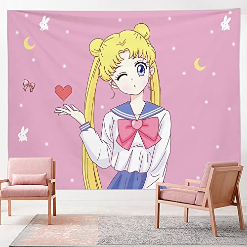Japanischer Anime-Wandteppich mit Seemannsmond, Manga-Rosa, niedlicher Kawaii-Wandteppich, Dekor, Wandtuch, schöne Heimdekoration, Schlafzimmer, dekorativer HD-Druck, Kunst-Tapisserie (68 x 101 cm,