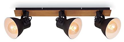 BRILONER Leuchten Deckenlampe retro mit Holzbalken, 3-flammige Deckenleuchte vintage, E27 Fassung max. 40 Watt, verstellbare Lampenschirme, rustikaler Deckenspot, Schwarz-Weiß-Holz