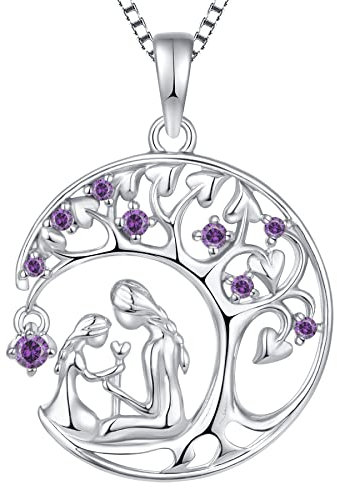 YL Collier Mère et Fille Février Pierre de naissance Améthyste Pendentif Arbre de Vie en Argent 925 pour Femme Maman