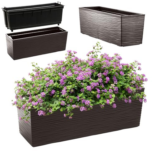 KADAX Fioriera 18,5 x 56 cm, motivo graffiato, moka, con inserto – Resistente alle intemperie