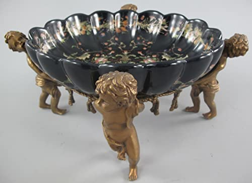 Casa Padrino Jugendstil Porzellan Schale mit 4 dekorativen Engelsfiguren Schwarz/Mehrfarbig/Messingfarben 40 x 34 x H. 17 cm - Barock & Jugendstil Deko Accessoires