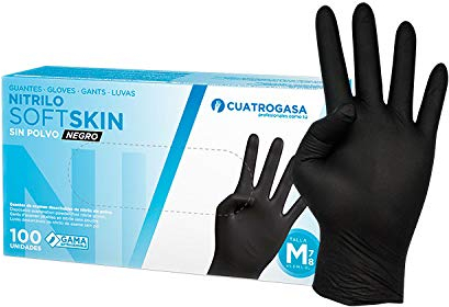 Cuatrogasa Guantes de nitrilo sin polvo negro | Gama Soft Skin | Guantes desechables de un solo uso | Calidad extra | Caja de 100 unidades | Talla M