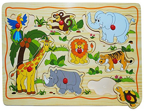 alles-meine.de GmbH Steckpuzzle mit Griffen - Zoo Tiere/Giraffe - Elefant - aus Holz - 8 Teile - großes Holzpuzzle/Einlegepuzzle - Griff Legespiel - Rahmenpuzzle/Kinder..