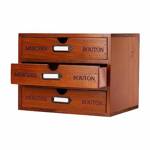 PACKGILO Aufbewahrungsbox aus Holz, rustikaler Schreibtisch-Organizer mit 3 Schubladen, Büro-Schreibtisch-Zubehör, Regal, Apothekerschrank und Kommode, Schmuckhalter für Frauen (braun)