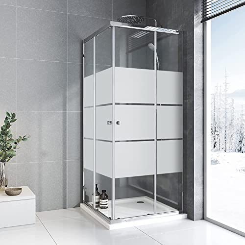 Duschkabine 80x80cm Eckeinstieg mit Schiebetüren,6mm ESG Glas Duschabtrennung Doppel Schiebetür mit weißen Streifen,Über Einer Duschwanne Oder Fliesen Montiert,Höhe 185 cm,Silber(Ohne Duschtasse)