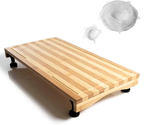 Ceaz Bamboo Cutting Board with Adjustable Legs - Raised Stovetop Cover, Wood Chopping Butcher Block with Juice Grooves for Kitchen, RV, Camper - Complete with Silicone Food Covers