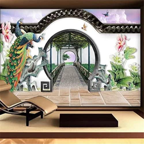 3D Photo Mural Wallpaper Animal Peacock Garden Round Gate Peel And Stick Removable Wall Poster Tv Background Decorative Wall Decal Wall Art For Kids Room Living Room Bedroom Res 200 (W) x 150 (H) cm
