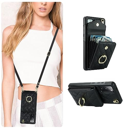 QLTYPRI Handyhülle für Samsung Galaxy S20 FE Hülle mit Band, Mikrofaser Leder Handykette Case mit Kartenfach Ringständer RFID Schutzhülle Lederhülle Tasche Etui für Samsung S20 FE - Schwarz