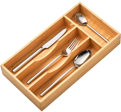 Umilife Organizador de cajones de cocina de bambú, bandeja de utensilios de 7 pulgadas para cajón pequeño, organizador de madera para cubiertos, cuchillos