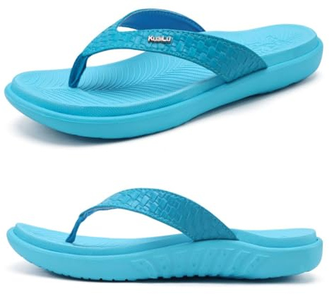 KuaiLu Blau Flip Flops Damen Leder Zehentrenner für Sommer Beach Frauen Bequeme Yoga Mat Tanga Sandalen für Plantar Fasciitis Größe 39EU