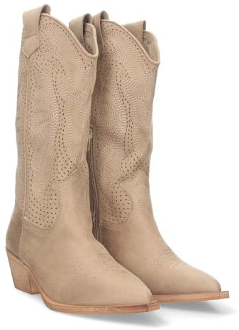 Stivali da donna con tacco campero, design perforato, punta sottile e chiusura lampo laterale., beige, 36 EU