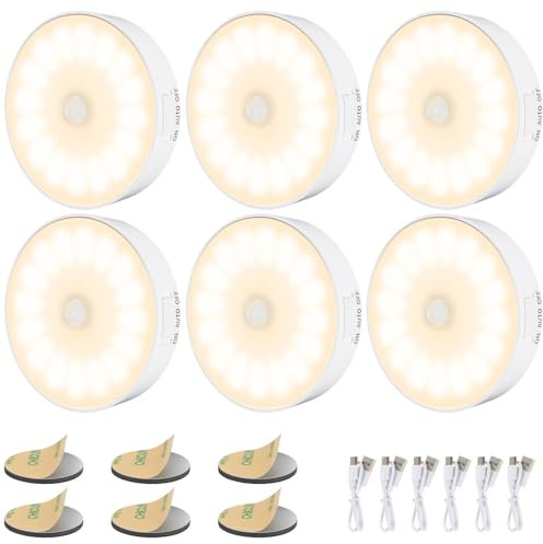 Electight 14 LEDs 6 Pièce Veilleuse à Induction, Veilleuse Détecteur de Mouvement, Rechargeable par USB, Adsorption Magnétique, pour Armoires, Chambres, Escaliers, Cuisines, Jaune Chaud