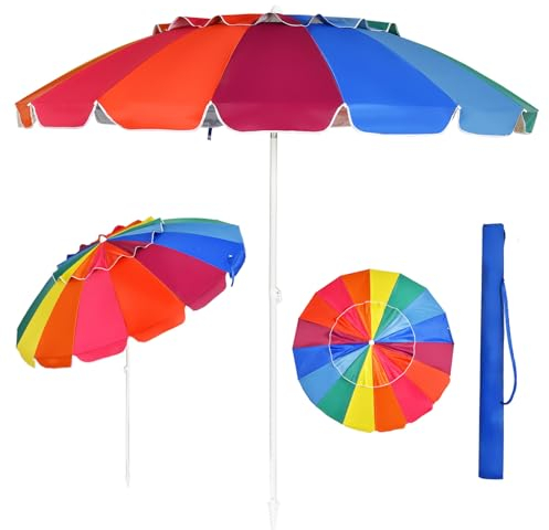 RELAX4LIFE Sonnenschirm Strand, Strandschirm Windfest Stabil, 30° knickbar, Rund Gartenschirm 245 cm, Terrassenschirm mit Bodenhülse & Schutzhülle, Marktschirm Sonnenschutz (Bunt)