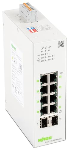 WAGO Industrial-Switch 852-1813/000-001| mit 8 ETHERNET‐Ports 10/100/1000 MBit/s Autonegotiation und Diagnose‐LEDs auf der Vorderseite|2 x SFP-Slots für Glasfaser|unterstützt Power over Ethernet PoE+