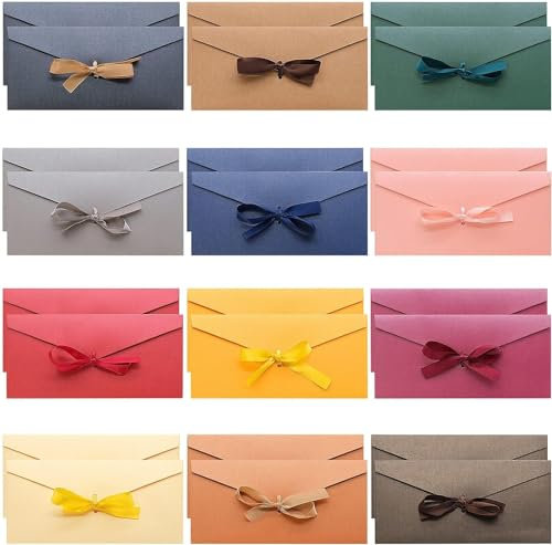 24 Stück Briefumschläge Kraftpapier Bunt, 22x10.8 cm Farbige Umschläge mit Band 12 Farben Retro Schöne Umschlag mit Band Vintage Briefumschläge Geschenkumschlag für Weihnachten, Geburtstag, Hochzeit