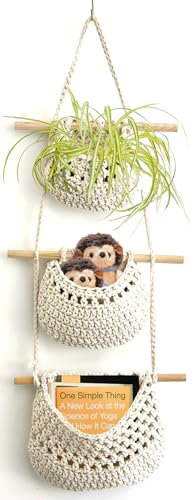 AARAINBOW Hängekorb Wand Aufbewahrung, 3 Etagen Hängender Obstkorb Dekorative Blumenampel für Wand Tür, Große Wandkorb Aufbewahrung Deko Kinderzimmer Wandkorb Boho Küche Dekor Korb (A-Weiß)