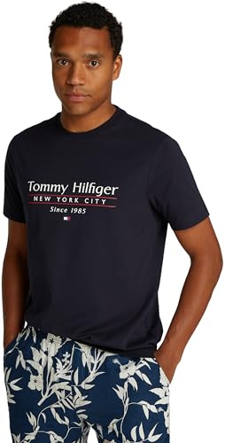 Tommy Hilfiger Herren T-Shirt Kurzarm Center Stack Tee mit Rundhalsausschnitt, Blau (Desert Sky), M
