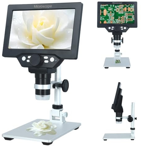 Aofesel Digitales Mikroskop 7-Zoll, G1200 LCD 3000mAh USB, 1080P FHD-Videoaufzeichnung, 1-1200X Auflösung, 8 Einstellbare LED-Beleuchtungen für Erwachsene/Kinder