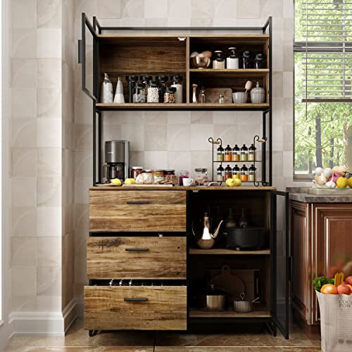 PREMTURE Armoire de cuisine haute buffet de cuisine avec 3 tiroirs et 2 portes, style industriel, étagère ouverte, étagère pour micro-ondes, 100 x 40 x 175 cm