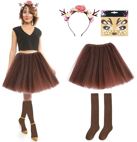 Jokureao Damen Rentier Kostüm Set, Karneval Damenkostüm mit Tüllrock, Geweih Haarreif, Gesichtsaufkleber, Reh Kostüm für Party, Cosplay