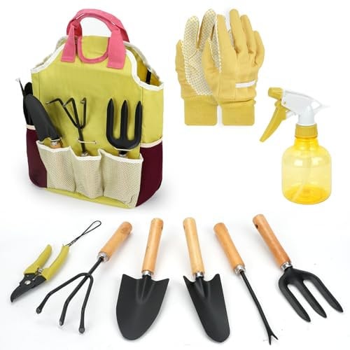 CRITIVE-S 9PCS Garden Tools Set, Garden Accessories Weeding Tools, Garden Hand Tools Gardening Gifts for Women, Including Garden Tool Bag Root Starter Hand Fork Hand Rake Trowel Pruner Gloves Sprayer