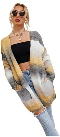 HEYPORK Damen Herbst Winter Warm Bequem Jacke Casual Mode übergangsjacke Mantel Frauen Pullover Regenbogen Mittlere Länge Strickjacke Tasche Gestrickt Jacke