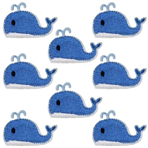 CABODYALS 10Pcs Bule Whale Shape Sea Embroidered Patch Cartoon Ocean Animal Sew on Patches Cute Fish Iron on Repair Appliques Emblem Bulk for Sewing Making Crafts Clothes Bag Jeans Supply