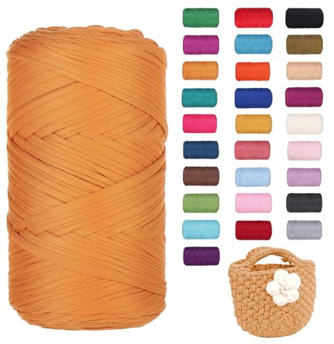 FIYSON 400g/120m T-Shirt Garn, T-Shirt Bändchengarn Zum Häkeln, Strickgarn, Häkelgarn, Stoff Dickes Ribbon Garn für Taschen/Körbe/Decke, Heimdekoration, DIY-Kunsthandwerk (Kurkuma)