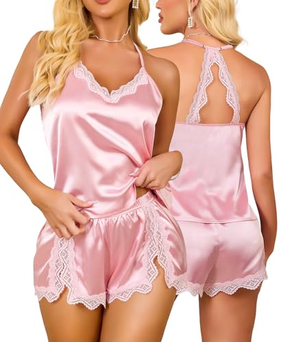 RSLOVE Ensemble de Pyjama Femme Satin - Lingerie Sexy Vêtements de Nuit Court Tenue Dormir Chic 2 Pièces