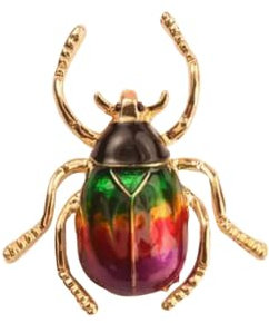 Broche Femme en Acier et Email, forme Scarabée Scintillant, Doré et Multicolore, Bijou Ornement Décoratif Accessoire Mode Vetement Chemisier Veste 3.3 x 3.8 cm