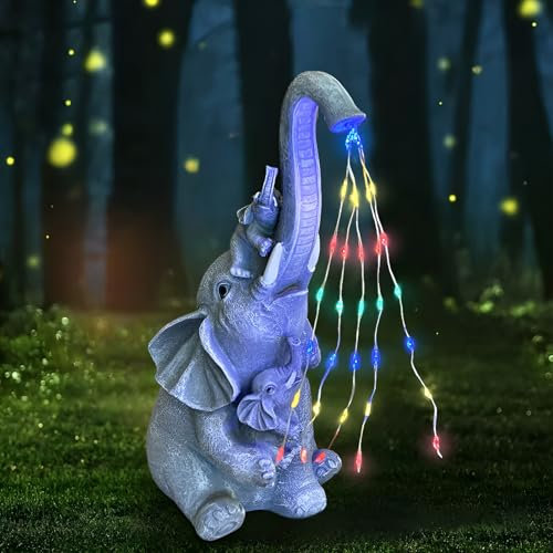 Tuzsocr Elefantenstatue Gartendeko mit Solar Lichterkette, Bewässerungselefant Gartenfiguren LED Lichter, Mutter-Elefant und Baby-Elefanten Außen Deko, Geschenke für Frauen, Mutter, Ehefrau (Stil 1)