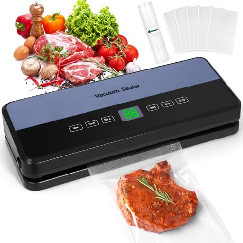 Machine Sous Vide Alimentaire, 65KPA Sous Videuse Alimentaire 5-en-1 Pour le Mode Sec/Moist Avec Tuyau D'aspiration D'air, Coupeur Intégré et Rangement du Sac, 1 Rouleau de Sacs, 30 Sacs