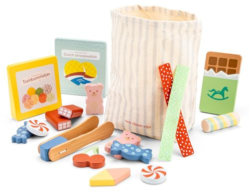 Woet Holz-Süßigkeiten-Set mit Stoffbeutel, 16 Teile | Spiellebensmittel aus Holz, Pralinen und Süßigkeiten, Holzzange, Stoffbeutel, Kaufladen- und Partyspiel, ab 3 Jahren