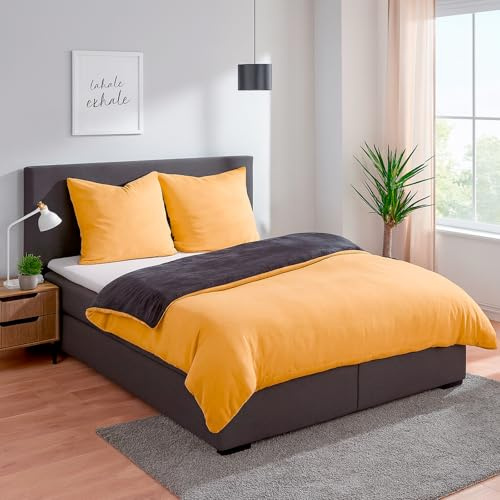 heimtexland Teddy Flanell Wende Bettwäsche Set I Winter Bettbezug I kuschelig weich und warm I 2 Kopfkissen 80x80 I Bettdecke 200x200 I Cashmere Touch Geschenkidee Weihnachten Typ751 Curry