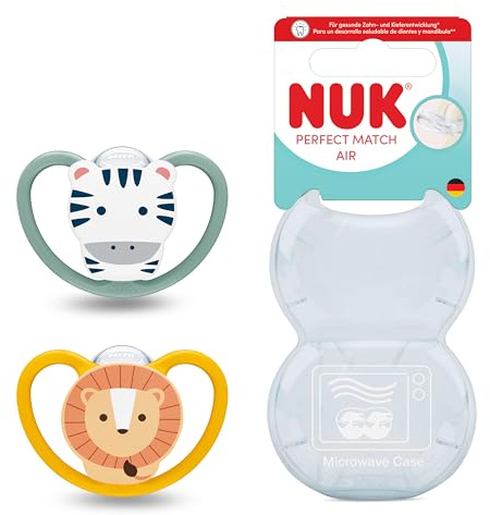 NUK Perfect Match Air - Ciuccio per bambini, 18-36 mesi, succhietti ortodontici che favoriscono il flusso d'aria e prevengono l'eruzione cutanea da saliva, accettazione del 95% del bambino, leone e