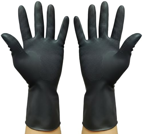 Ulawellor Latex Handschuhe Schwarz Wiederverwendbar 1 Paar(S) | Strukturierter Griff, Wasser- und Ölschutz, Elastische Passform, für Haarfarbe Reinigung Salon Küche