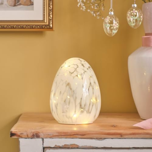 Lights4fun Konfetti Osterei-Glas | Warmweiße LEDs | mit 6h Timer | Batteriebetrieben Deko Ostern Frühjahr für Tisch & Wohnbereich | Höhe 16 cm | Weiß