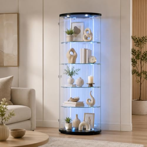 Vitrine d'angle en Verre, Vitrine sur Pied en Verre LED, 4 Étagères 1 Porte avec Porte,Meuble Vitrine Verre avec Porte et Serrure Armoire Vitrines à cinq coins 162x60x35cm(1 porte 4 couche, Noir-5)